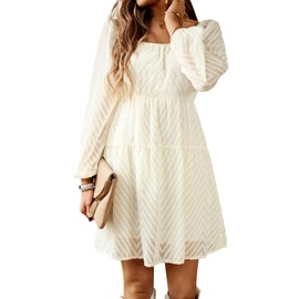 Women's Casual Long Sleeve Mini Dress 2025 Spring Summer Square Neck Ruffle Tiered Flowy Loose Babydoll Dress Beige S