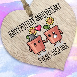 9th Wedding Anniversary Plaque Gift for Husband Wife - 9 Years Together - Happy Willow Anniversary Wooden Heart for Women Men Partner, Light Wood Sign Keepsake Gifts