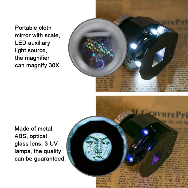 30X Magnifier Optical Glass Lens Magnifier Scale Full Metal LED