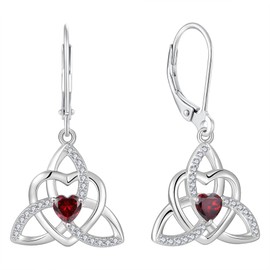 YIFSIY Celtic knot Earrings Trinity Knot Leverback 925 Sterling Silver Dangle Drop Earring for Women Heart Garnet Birthstones January Jewelry Gifts, Sterling Silver, Cubic Zirconia