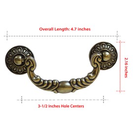 HOUSEHOOK 6 Pack Vintage Drop Bail Pulls, 3-1/2 Inch Hole Centers (90mm), Antique Brass Cabinet Handles for Dresser Drawer Cupboard Wardrobe