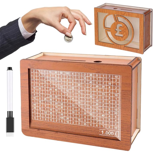 Wooden Money Box for Savings Challenge - 1000 Pounds Money