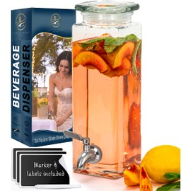 Square Glass Drink Dispenser for Parties - Stainless Steel Spigot + Marker & Label - 100% Leakproof Beverage Dispenser - Liquid Laundry Detergent Dispenser, Water Dispenser, Decorative Pitchers 80oz.