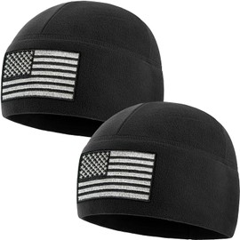 Temple Tape Tactical Beanie Hat - American Flag Fleece Winter Watch Cap - Military Hats for Men - Mens Army Beanies, [2-pack] Black, X-Large