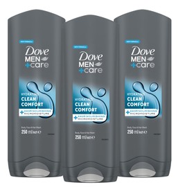 Dove Men+Care Hydrating Clean Comfort Body, Face & Hair Wash, 250 ml | 24hr Nourishing Micromoisture | Bulk Buy 3 or 6 Packs