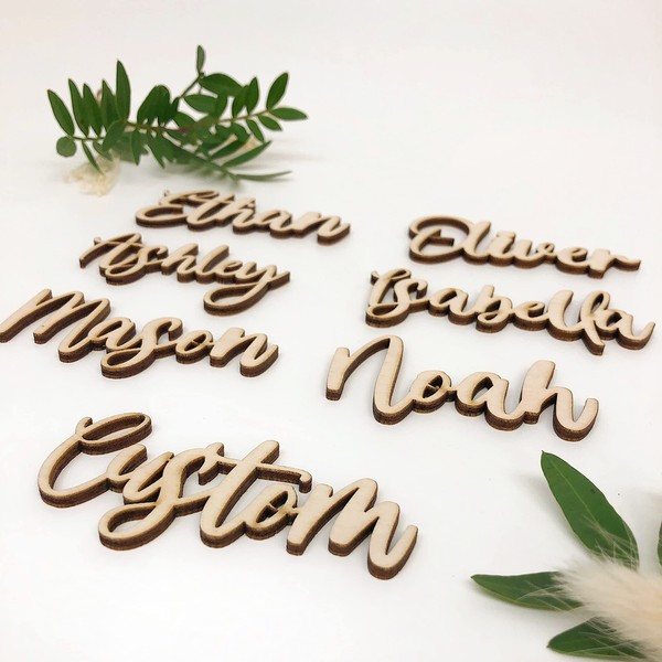 Customized Wooden Name Tags for Place Setting, Personalized Place Cards for Weddings, Bridal Showers and Events, Cursive Laser Cut Seating Cards