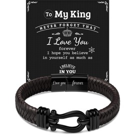 Bracelet Gifts for Men - Black Braided Leather Bracelets Stainless Steel Nautical Buckle with Lettering Love You Forever - Birthday Christmas Thanksgiving Day Gifts for Dad Son Grandson Husband Boyfriend Brother Loved Linked Forever, 9 inch