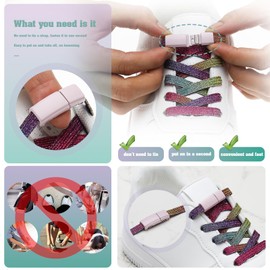 LT Easiyl No Tie Elastic Shoelaces Magnetic Buckle & Shoelaces Tieless Lazy Laces fit Sneakers Canvas Boots for Cycling Walking, Green Buckle + Pink Buckle + 2pair Shiny Colored Shoelace, Multisize