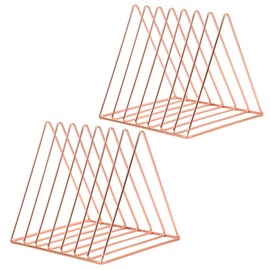 COSYAWN Triangle 7 Slot Vinyl Record Holder, Anti-Rust Metal Magazine Album Display Rack Desktop File Sorter Organizer, Paper Letter Newspaper Storage for Home Office, Rose Gold 2 PACK