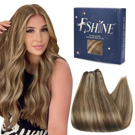 Fshine Hand Tied Weft Hair Extensions Human Hair Medium Brown and Caramel Blonde Highlights Sew in Hair Extensions Double Weft Full Head Straight Real Human Hair 24 Inch 100 Gram