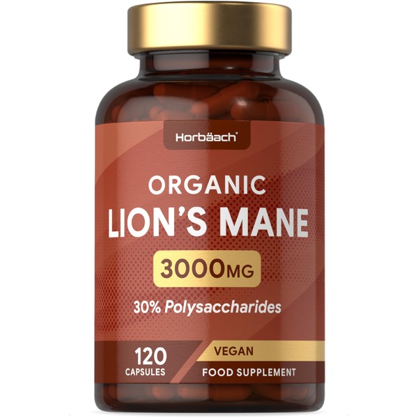 Organic Lions Mane Supplement 3000mg | High Strength Mushroom Extract | 120 Vegan Capsules | by Horbaach