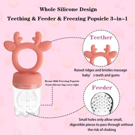 HAOBAOBEI Baby Fruit Food Feeder - Silicone Nibble Tray Combo - Breastmilk Popsicle Mold for Cooling Relief, BPA Free Mesh Feeder for Infant Self Feeding (Deer Pink + Pineapple)