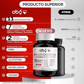Oby Multi Enzimas digestivas, Probióticos | 7 tipos enzimas + Probióticos Bifidobacterium y Lactobacilos + Fibra Psyllium Husk + Glutation | 2 Pack 120 capsulas veganas (60 caps por frasco)