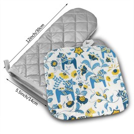 Scandinavian Swedish Dala Horses and Kurbits Flowers Oven Mitts - Pot Holders - Decor for The Kitchen - Potholder Oven Mitt Set (2 Piece) Includes 1 Potholders 1 Oven Mitts - Kitchen Decor