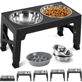 TUAHOO Raised Dog Bowls, 2-in-1 Elevated Dog Bowl with Slow Feeder Bowl and 2X Stainless Steel Bowls, 5 Height Adjustable Pet Dispenser Stand for Small Medium Large Dog