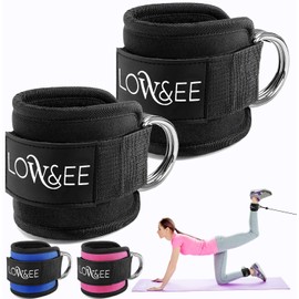 LOW&EE® Pack of 2 Foot Straps (Padded) - for Fitness Training on Cable Pull - Ankle Straps for Women and Men - Anklet for Pulleys for Gym (Black)