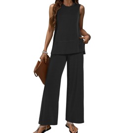 BB&KK Two Piece Sets for Women Summer Lounge Sets Sleeveless Loose Tank Top Wide Leg Pants Matching Vacation Outfits Black S