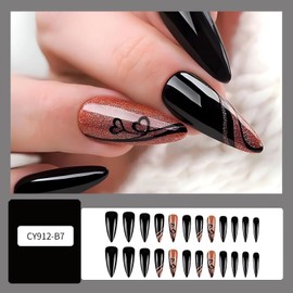 Long Stiletto Press on Nails Black Fake Nails Small Heart Glue on Nails Valentine’s Day Nail Art Decorations Glossy Full Cover Glue on Nails Long Almond Acrylic Nails Stick on Nails for Women 24Pcs