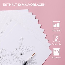 A4 300gsm - 30 White Glued Painting Paper + Water Tank Brush + 2 Brushes + Pencil 1. Spiral binding and micro perforation 2. 10 illustrations