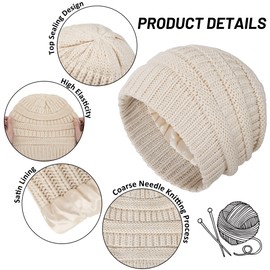 Beanie Hat for Women and Girls Winter Knitted Satin Lined Beanie Hats Knitted Hats for Travel Camping Skating Skiing Outdoor Activities, beige