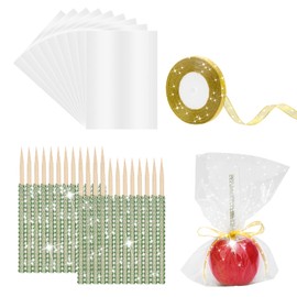 Candy Apple Bamboo Sticks, 24P Candy Apple Bling Sticks with 30p Candy Bags & 1 Roll 25yd Glitter Ribbon, Caramel Apple Wooden Bling Pointed Skewers for DIY Candy Apple Kits