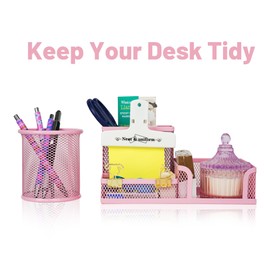 YOBRO Mesh Pen Holder Desk Organizer with a Pencil Cup, 3 Compartmnets Desk Caddy, Helpful Sticky Note Holder and Paper Clips Holder, Office Supply Organizer for School Home, Pink