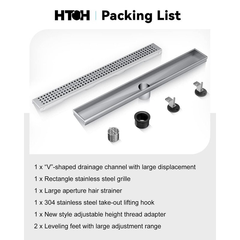 HTOH Linear Shower Drain 36 Inch, 304 Stainless Steel Shower