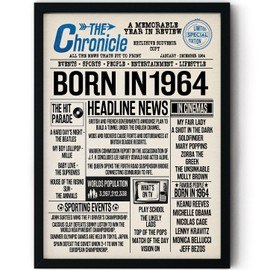 Stuff4 60th Birthday Poster Framed - Born In 1964 Newspaper - Happy 60th Birthday Gifts for Men Women Vintage Retro Back In 1964, 8x10 Inch Sixty Sixtieth Bday Party Decor Decoration