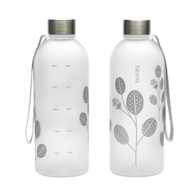 bzyoo 32oz 1 Liter Clear Water Bottle with Time Marker, Leaf Design, Durable Plastic, BPA-Free, Reusable with Measurement Markings for Fitness and Outdoor Activities (Color: Silver)