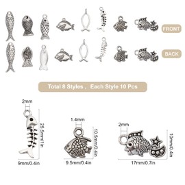 SUNNYCLUE 1 Box 80Pcs 8 Styles Fish Charms Bulk Tibetan Style Fishbone Goldfish Hollow Sea Ocean Animal Alloy Pendants Antique Silver Plated for Jewelry Making Charms DIY Bracelets Supplies