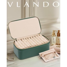 Vlando Jewelry Case with 12 Velvet Jewelry Bags Travel Jewelry Organzier for Travelers Necklace Rings Earrings Jewelry Bags Christmas Birthday Wedding Valentines Day Gifts (Green)