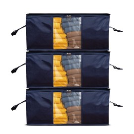 Garment Guardians 35L Clothes Storage Bag Underbed Wardrobe Foldable Storage Boxes with Lids | Storage Organiser | Breathable Fabric | Clear Window for Blankets, Bedding, Clothing,Pack of 3 (Navy)