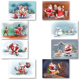 Charity Christmas Cards Pack of 24. Each Christmas Card multipack has 8 different Fun Santa designs. Ecofriendly and UK made. Verse Inside. Large 172 x 122mm card size.