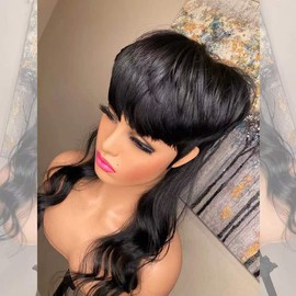 Mullet Pixie Cut Body Wave Glueless Wigs for Women Natural 1b Color 20inch