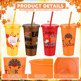 Yoiemivy 12 Pack Fall Thanksgiving Plastic Cups with Lids and Straw 24 oz Reusable Party Tumblers Holiday Drinking Cups for Autumn Harvest Thanksgiving Party Decoration Favors Supplies