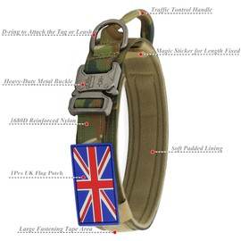 Tactical Dog Collar and Lead Set - YoothBro K9 Military Dog Collar with UK United Kingdom Flag, Adjustable Nylon Dog Collar with Heavy Duty Metal Buckle for Medium Large Dogs Camo, L
