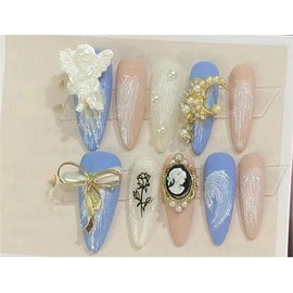 Nail Apparel Long Coffin Press on Nails-Luxury Reusable UV Finish Manicure (Large (Pack of 10), Blue 3D Angel)