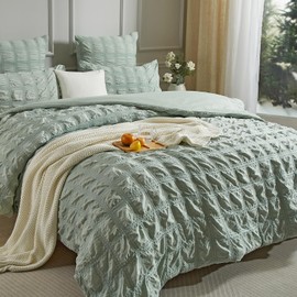 Luowei Seersucker Bed Linen 135 x 200 cm Checked Grass Green Green Fluffy Non-Iron Aesthetic Set Summer Cooling Duvet Cover 135 x 200 cm with Zip and Pillowcase 80 x 80 cm