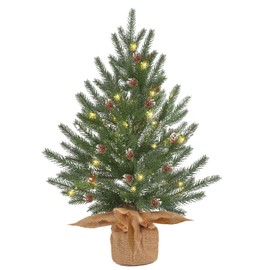 Vofuly 2 Ft prelit Tabletop Mini Christmas Tree with 50 LED,Small Frosted Lighted Artificial Pine Tree with Burlap Base,Pinecone Decoration,2 FT Miniature Farmhouse Xmas Tree Decor for Farmhouse Door