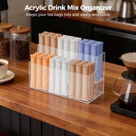 2PCS Acrylic Drink Packet Organizer, 6-Compartment 2-Tier Water Flavor Packet Holde, Double Layer Design, Clear Hydration Powder Packets Storage for Kitchen, Pantry, 7.9 x 5.1 x 3.5 Inch