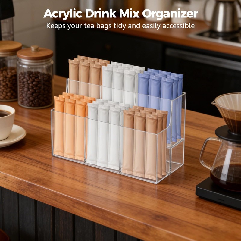 2PCS Acrylic Drink Packet Organizer, 6-Compartment 2-Tier Water Flavor Packet