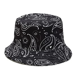 Quanhaigou Bucket Hat for Men Women,Packable Reversible Printed Sun Hats,Fisherman Outdoor Summer Travel Hiking Beach Caps, Paisley White Black, One Size
