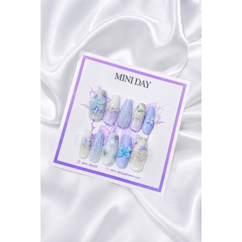 Blue Fairy Ribbon Handmade Nail Tips - Short Ballerina /