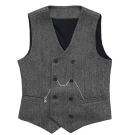 Men's Vintage Suit Vest Double Breasted Wool Tweed Vest for Wedding Groomsmen, gray