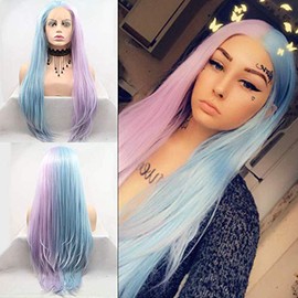 Half Pink Blue Synthetic Lace Front Wigs for Women Natural Looking Long Straight Rainbow Lace Front Wig Heat Resistant Replacement Ombre Hair Cosplay Wigs for Black Women Ladies Wigs 24 Inch