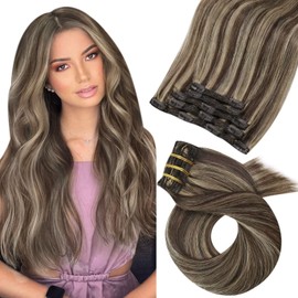 Moresoo Clip Extensions, Real Hair Brown Hair Clip-In Extensions, Dark Brown with Caramel Blonde Hair Extensions, Real Hair Clips, #P4/27, 80 g, 30 cm, Straight Hair, 5 Pieces