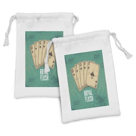 Lunarable Vintage Fabric Pouch Set of 2, Retro Casino Poster Print Royal Flush Game Cards Lucky Joker Hobby Image, Small Drawstring Bag for Toiletries Masks and Favors, 9" x 6", Sea Green Beige