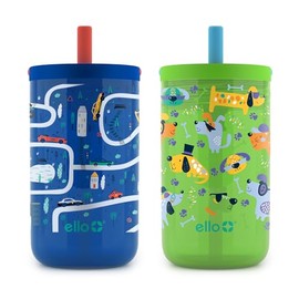 Ello Bop - Juego de 2 vasos de plástico para niños de 12 onzas con bucle de transporte, tapa deslizante a prueba de fugas, pajita suave extraíble resi