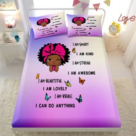 African American Girl Bedding Sets for Girl Black Girl Magic Fitted Sheet Set Cute Little Afro Black Princess Bed Sheet Set for Kids Bedroom Room Decor (1 Fitted Sheet + 2 Pillowcases) Purple