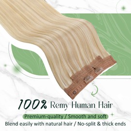 RUNATURE #18P613 Real Hair Extensions with Invisible Wire Blonde Highlights 50 cm Real Hair with Wire Ash Blonde with Blonde Extensions Real Hair with Tape 100 g